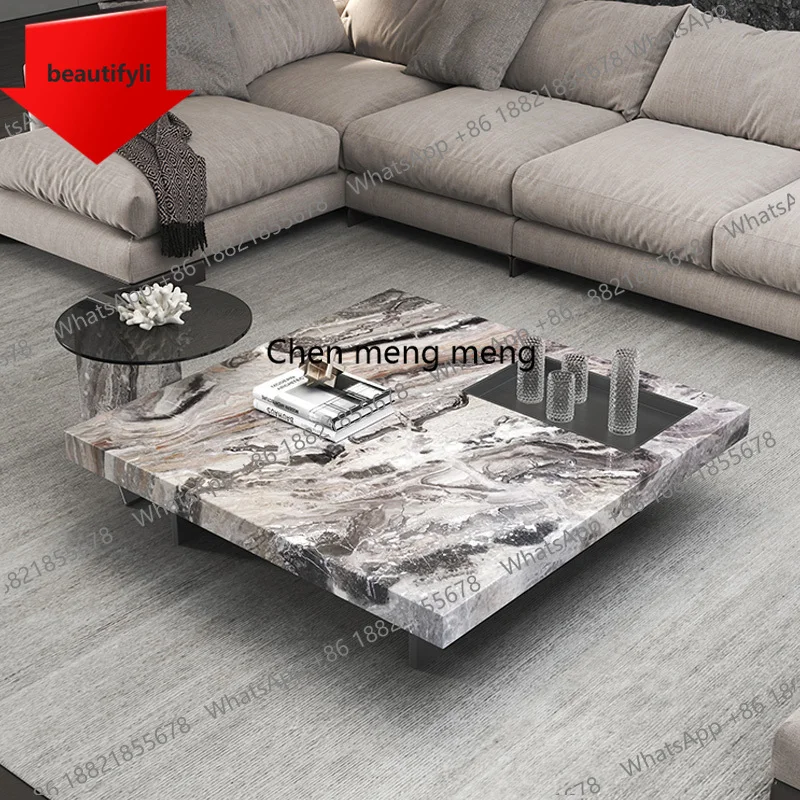 

Элегантный журнальный столик из натурального мрамора квадратной формы для гостиной, современный минималистичный дизайн с художественным вкусом