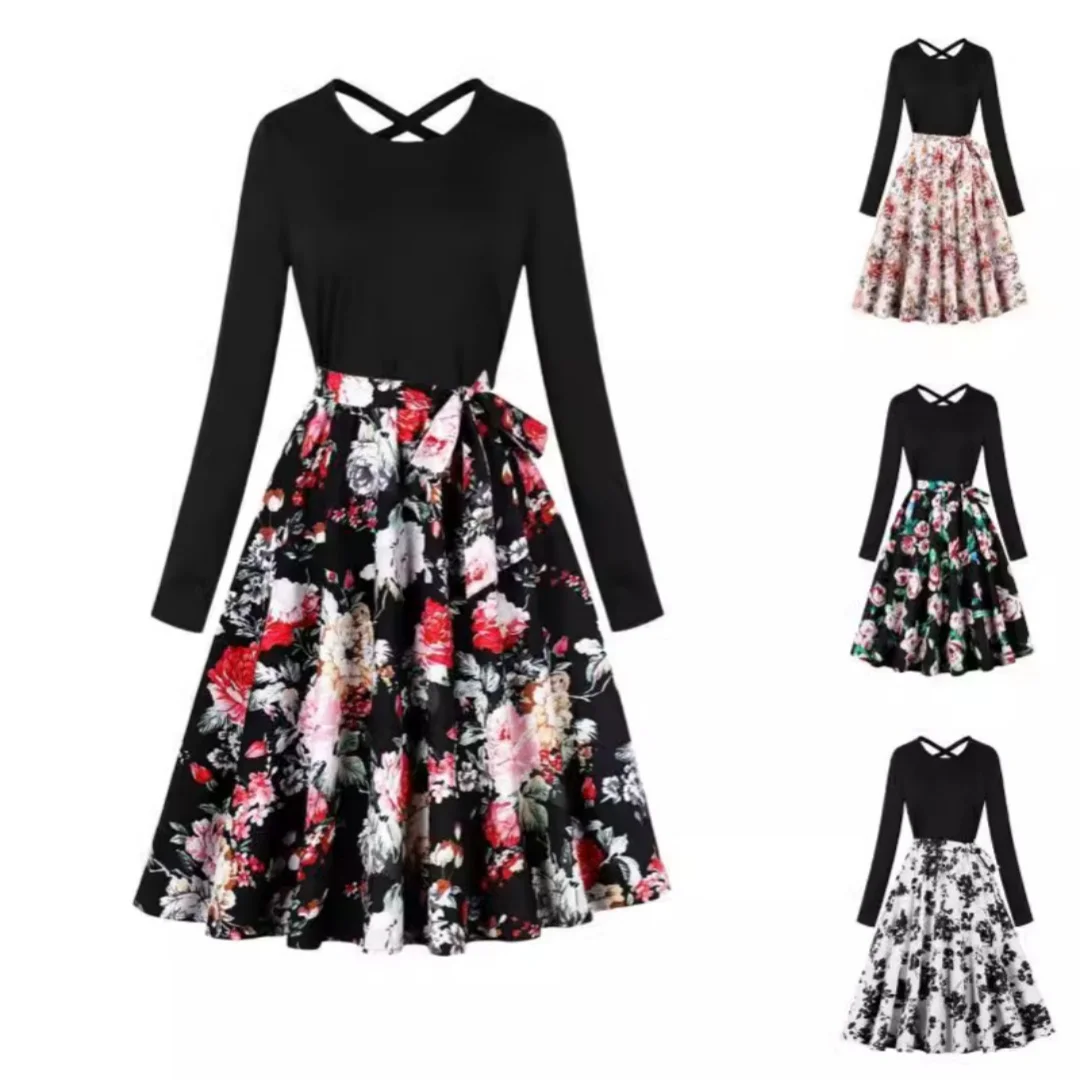 

Woman Long Sleeve Floral Print A Line Dresses for Woman Clothes Crisscross Back Belted Elegant for Party and Casual Styles