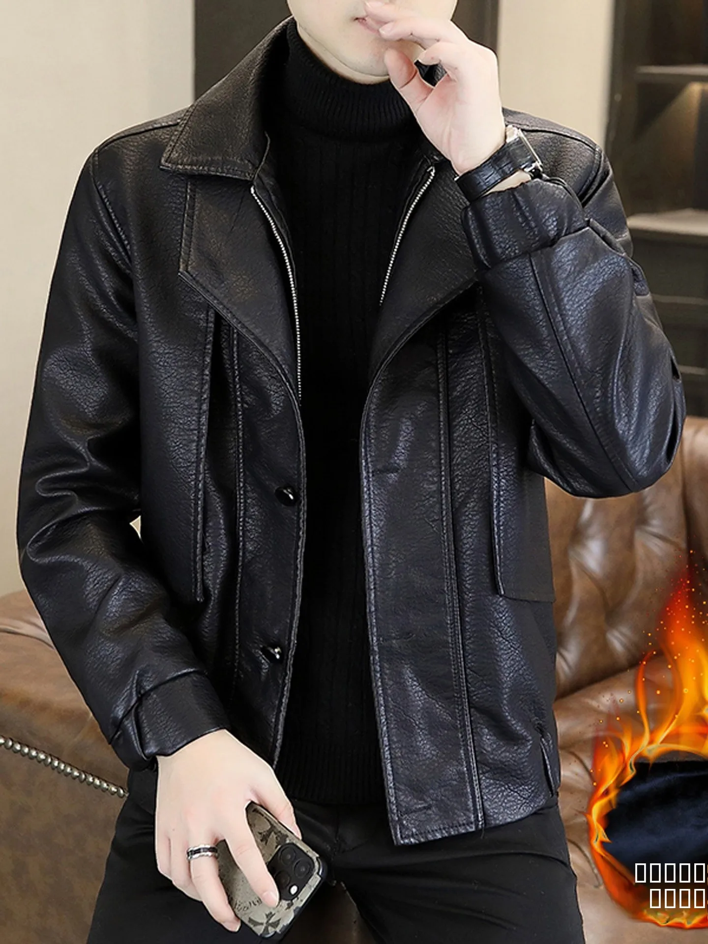 

2025 Winter Men's Thiened Fce Lined Biker Sle Jaet PU Leather Coat Warm Windproof Long Sve Zipper Closure Casual ...