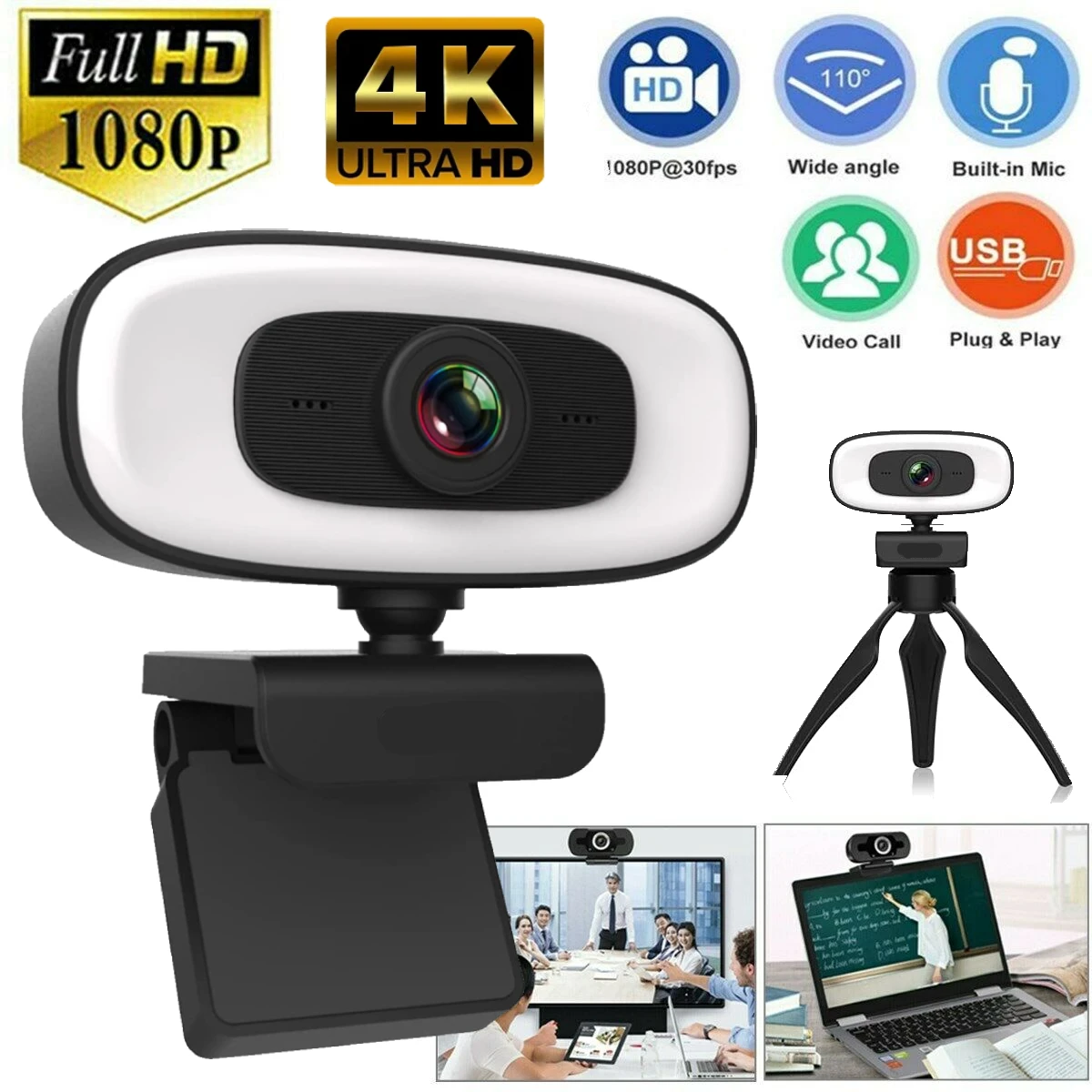 Portable 1080P 4K Webcam PC Laptop Mini Webcam Live Streaming Flexible with Microphone Live Broadcast 25 FPS USB Port with Light