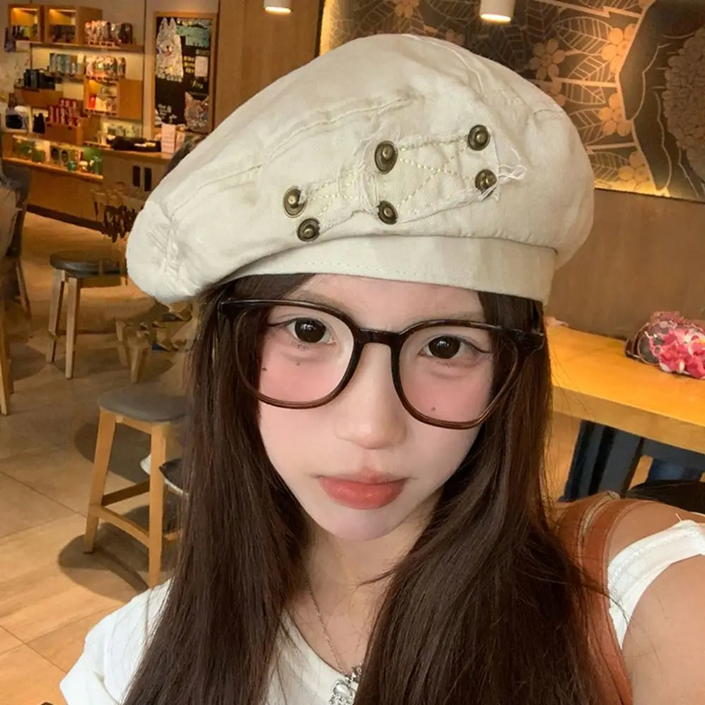 Adjustable Japanese Style Washed Cotton Demin Berets Rivet Patch Retro Painter Hat Khaki Casual Artist Cap Streetwear