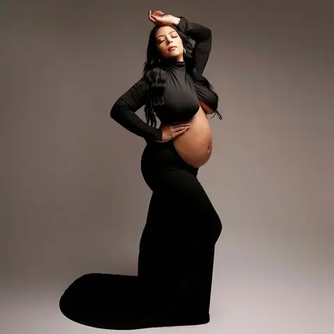 गर्भावस्था पोशाक फोटोग्राफी प्रॉप्स मैक्सी गाउन टर्टलनेक फुल स्लीव कट आउट बेली बॉडीकॉन मैटरनिटी फोटोशूट बेबी शॉवर के लिए 10 best sales मातृत्व मैक्सी ड्रेस - №9