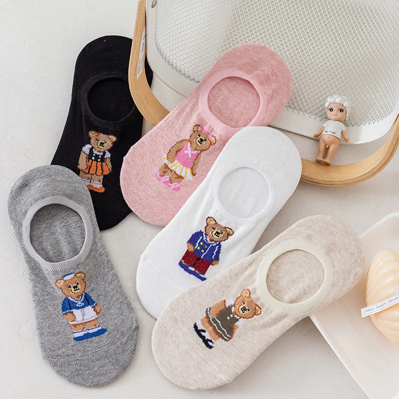 5 Pairs Fashion Bear Socks Women Korean Cartoon Ultra-short Socks Spring New Trendy Socks Ins Shallow Mouth Invisible Crew Funny