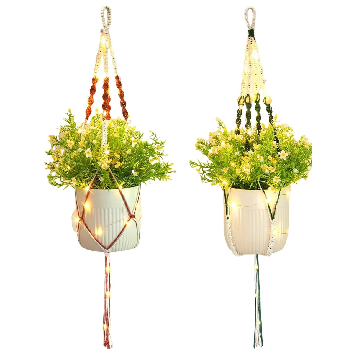 Plant Hanger with LED, Indoor Hanging Planter Basket with Wood Beads, Handmade 37 Inch Decorative Flower Pot Holder 2Pcs