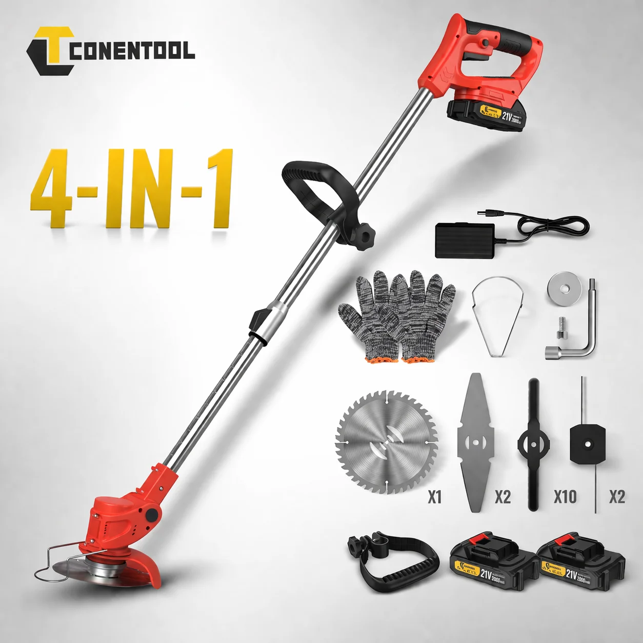 Tondeuse à gazon sans fil Conentool 21V 650W, tondeuse électrique pliable télescopique légère, utilisation à une main pour le jardin