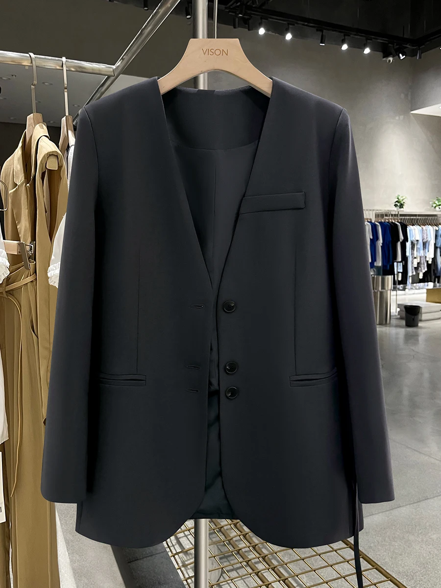 

Темно-серый женский деловой жакет без рукавов с поясом, приталенный, с V-образным вырезом, длинными рукавами, весна-осень 2026, новый стиль