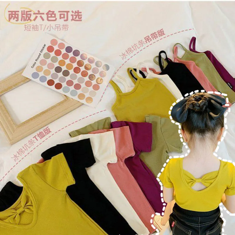 

2-7 Years Summer Children Fashion Bow-tie Cotton Short Sleeved Elastic Girls Plain T-Shirt