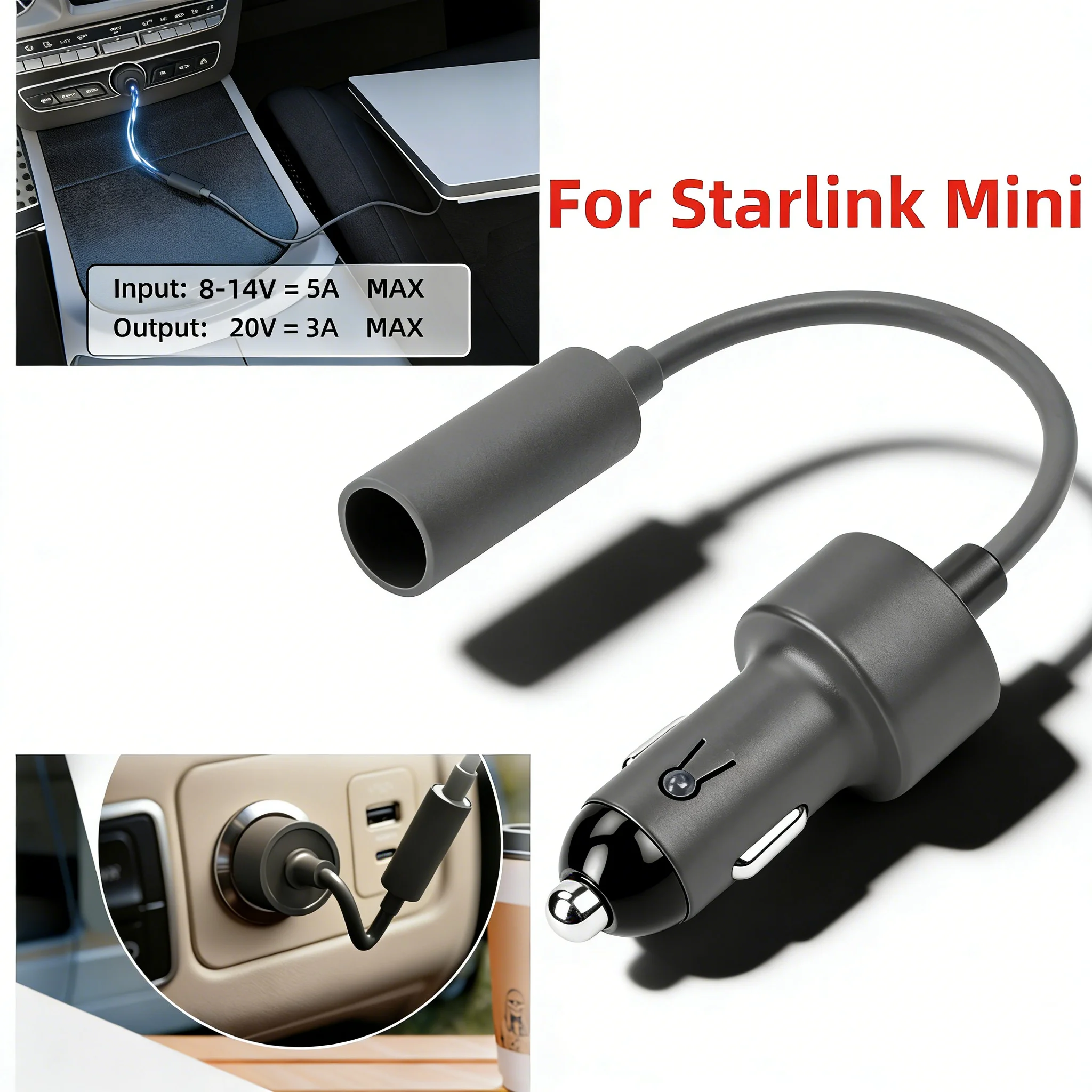 For Starlink Mini Car Charger Cigarette to DC 8-14V to 20V Step Up Booster for Starlink Mini Car Cigarette Lighter Adapter