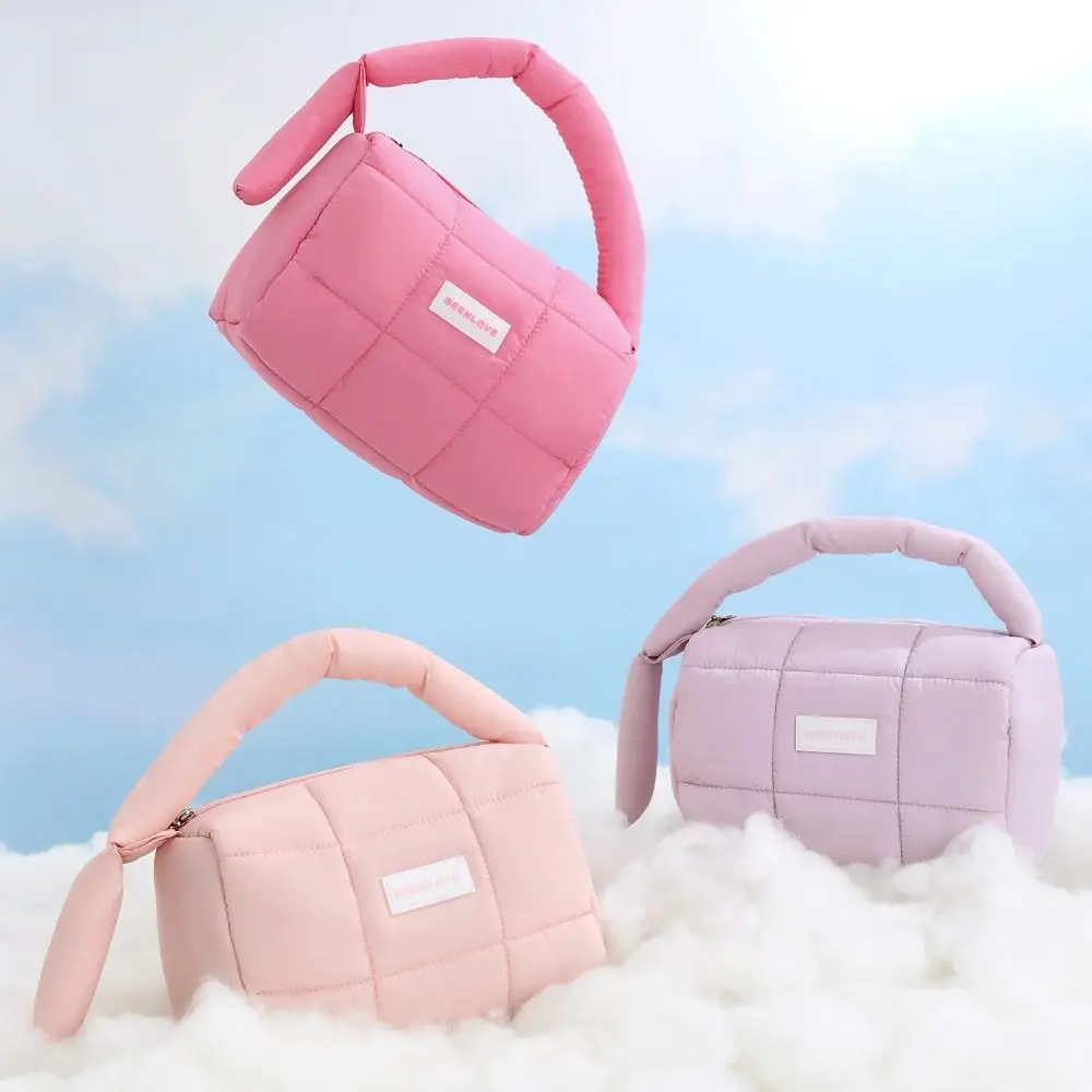Portable Solid Color Puffy Makeup Bag Large Capacity Nylon Travel Quilted Toiletry Bag Zipper Handbag Cosmetic Storage Bag