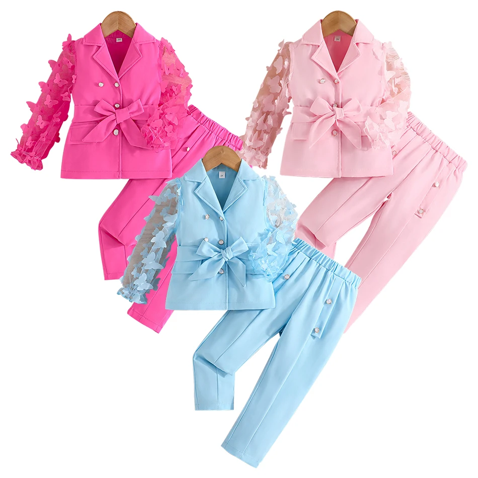 2024 New Autumn Winter Girls Kids Long Sleeve Bow Tie Mesh Sleeved Suit Jacket and Pant Children Sets School Activities Uniforms