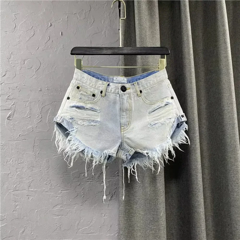 

Black Denim Shorts Women's Torn Holes Rough Edges Jeans Shorts 2025 New Summer Korean Low-rise A-shaped Hot Pants