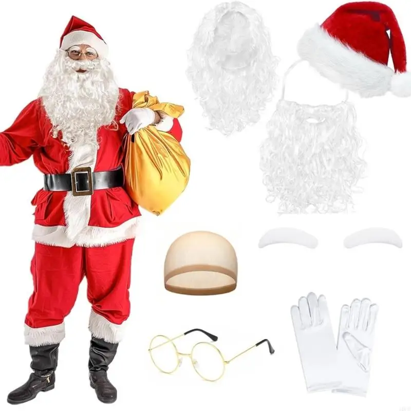 Traditioneel Kerstmankostuum 7PCS Complete outfit met hoedbaardaccessoires