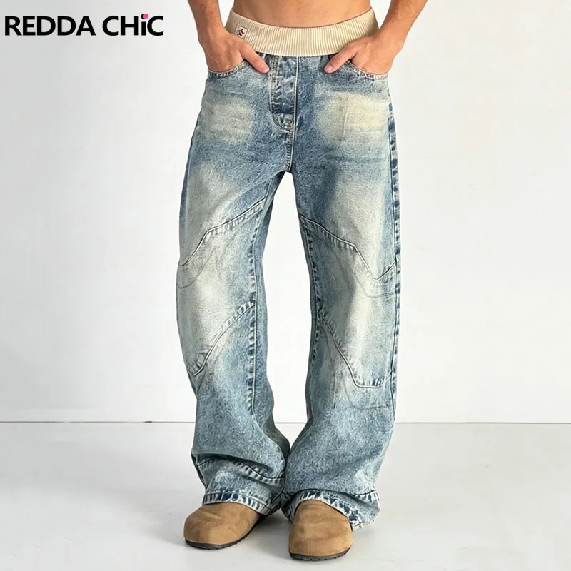

REDDACHIC Men Baggy Barrel Jeans Casual Korean Rib Knit Patchwork Distressed Pockets Wide Leg Pants Vintage Trendy Streetwear