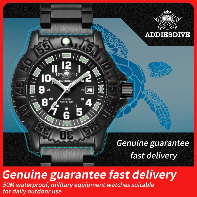 ADDIESDIVE New Mens Quartz Watch Luxury Black Steel nylon belt Wristwatch Waterproof 50M Super Luminous Miyota2115 SPORT Watches