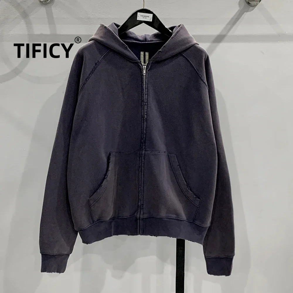 

TIFICY High Street Hoodie Sweatshrit Top Men's and Women's New Tie Dye Distressed Purple Antique Zipper Hooded Jacket Sweatshirt