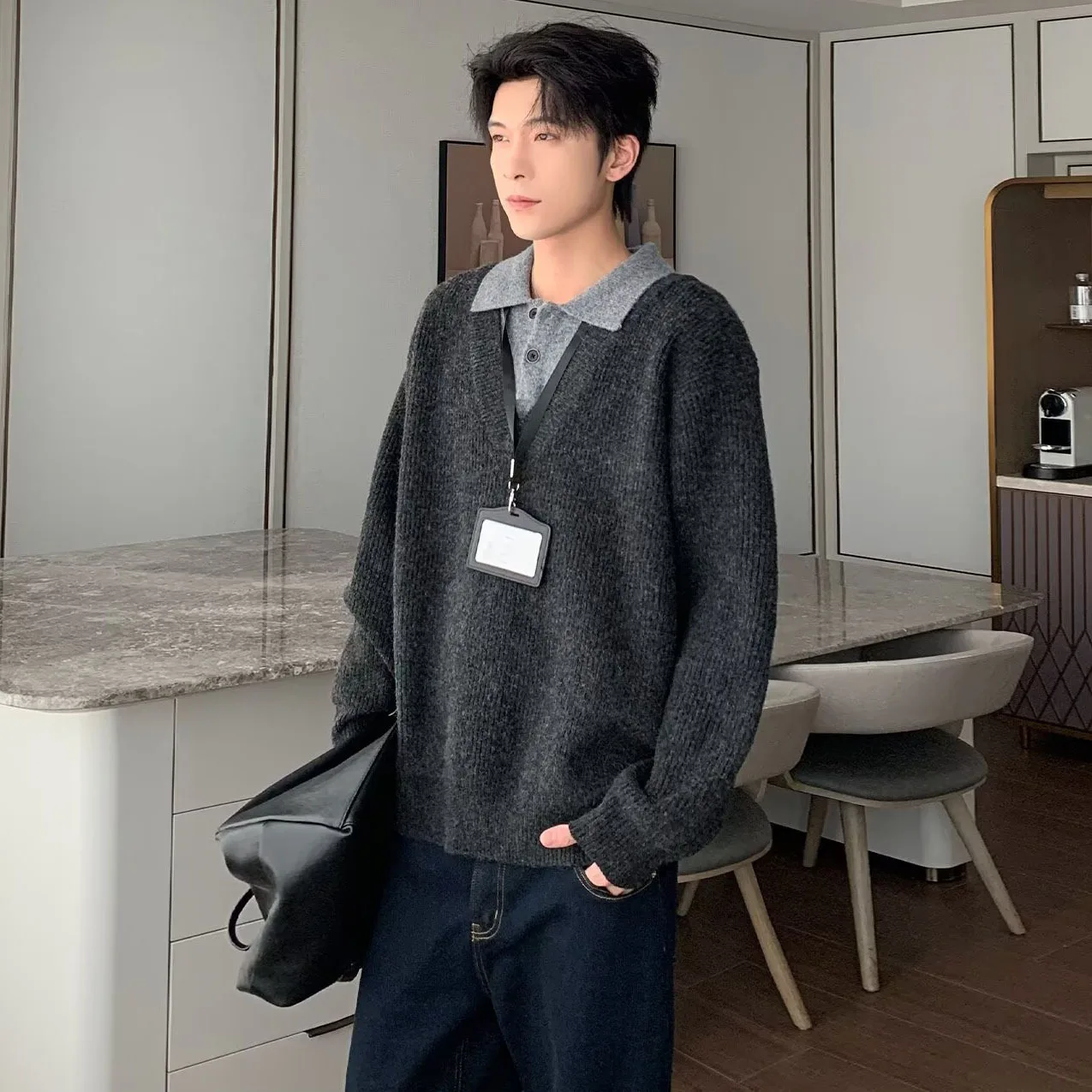 Fake two-piece POLO shirt lapel-neck knitted sweater men's autumn and winter sweater tide