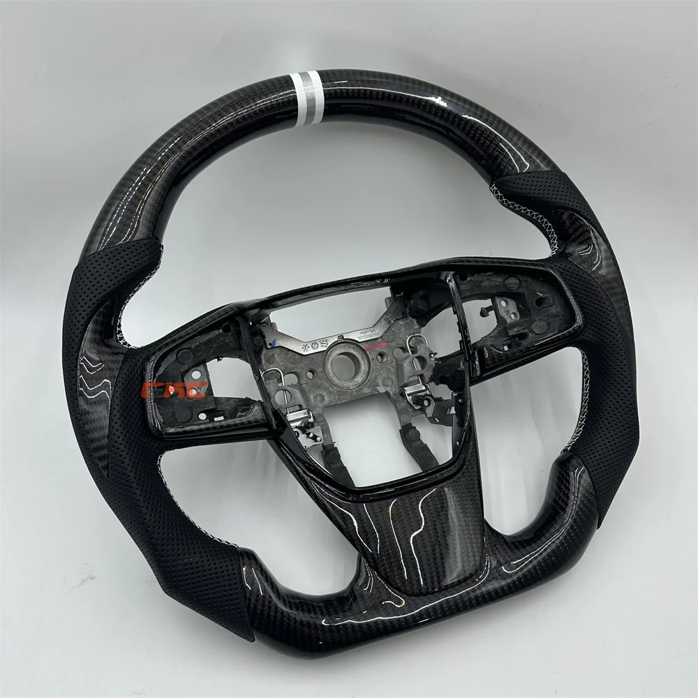 For 2019 Honda CRV Customized Black Carbon Fiber Perforated Leather White Silver Strip White stitch Steering Wheel