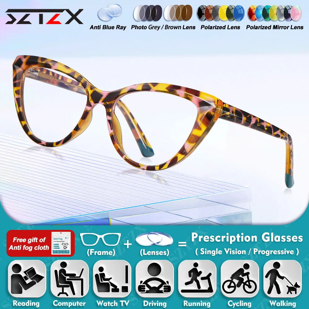 

SZTZX High Quality Trendy Cat Eye Design Myopia Prescription Glasses Anti Blue Ray Women Photochromic Multifocal Reading Eyeware