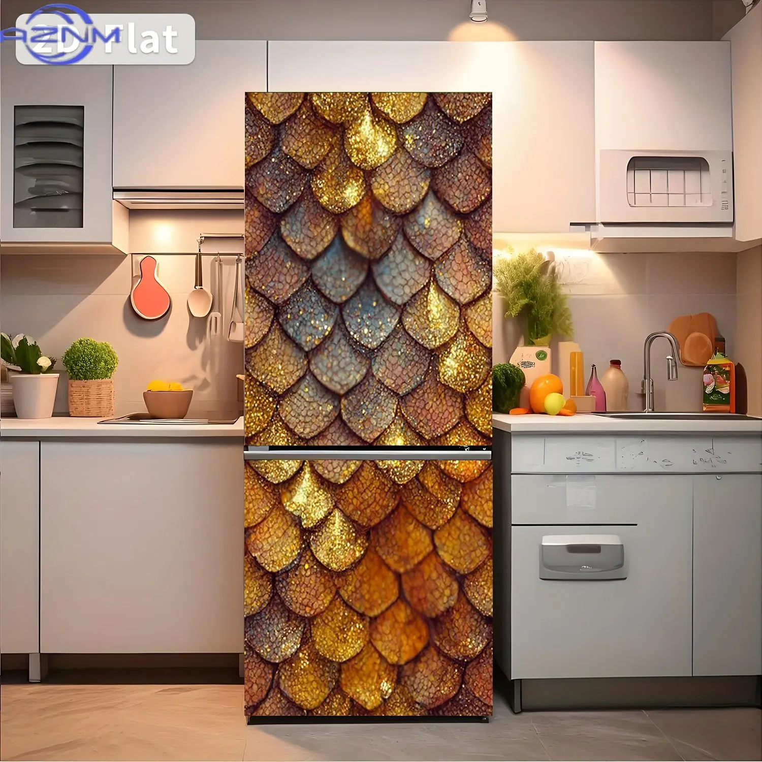 2D Flat Printing 1pc Refrigerator Sticker  Golden Scale Texture Theme Design Wall Sticker Decorative Wallpaper Self-Adhesive S