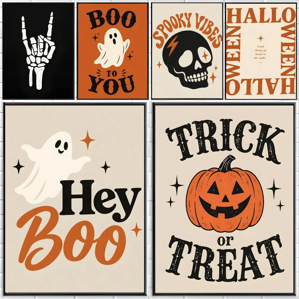 Art Halloween H-Halloween Cartoon Pumpkin Skeleton Ghost Poster Distinct Home Decor Concepts Chic Indoor Art Pieces