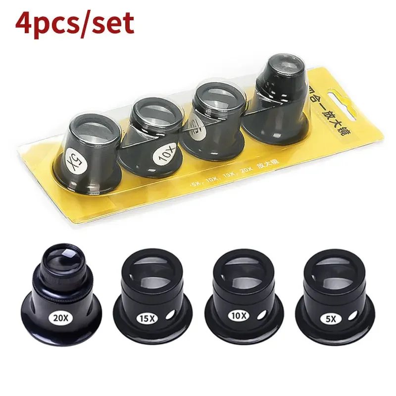 Conjunto de 4 Lentes de Aumento Monoculares para Reparo de Relógios, Lupa de Joalheiro 5X 10X 15X 20X, Ferramentas para Relojoeiro
