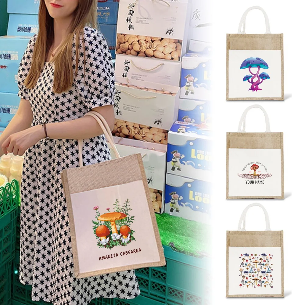 

Grocery Bags Environmentally Jute Shopping Bag Portable Beach Shoulder Bag Mushroom Series Reusable Shopper Organizers Linen Bag