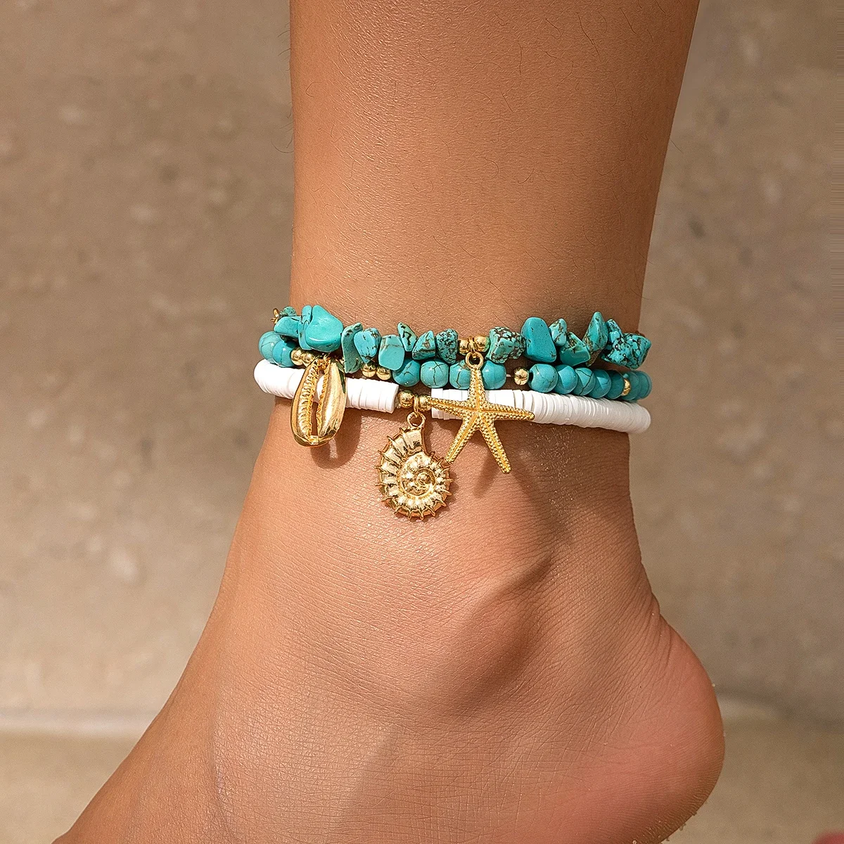 SHIXIN 3Pcs Irregular Green Natural Stone Bead Anklet Set for Women Boho Conch Starfish Feet Chain Bracelet Summer Beach Jewelry