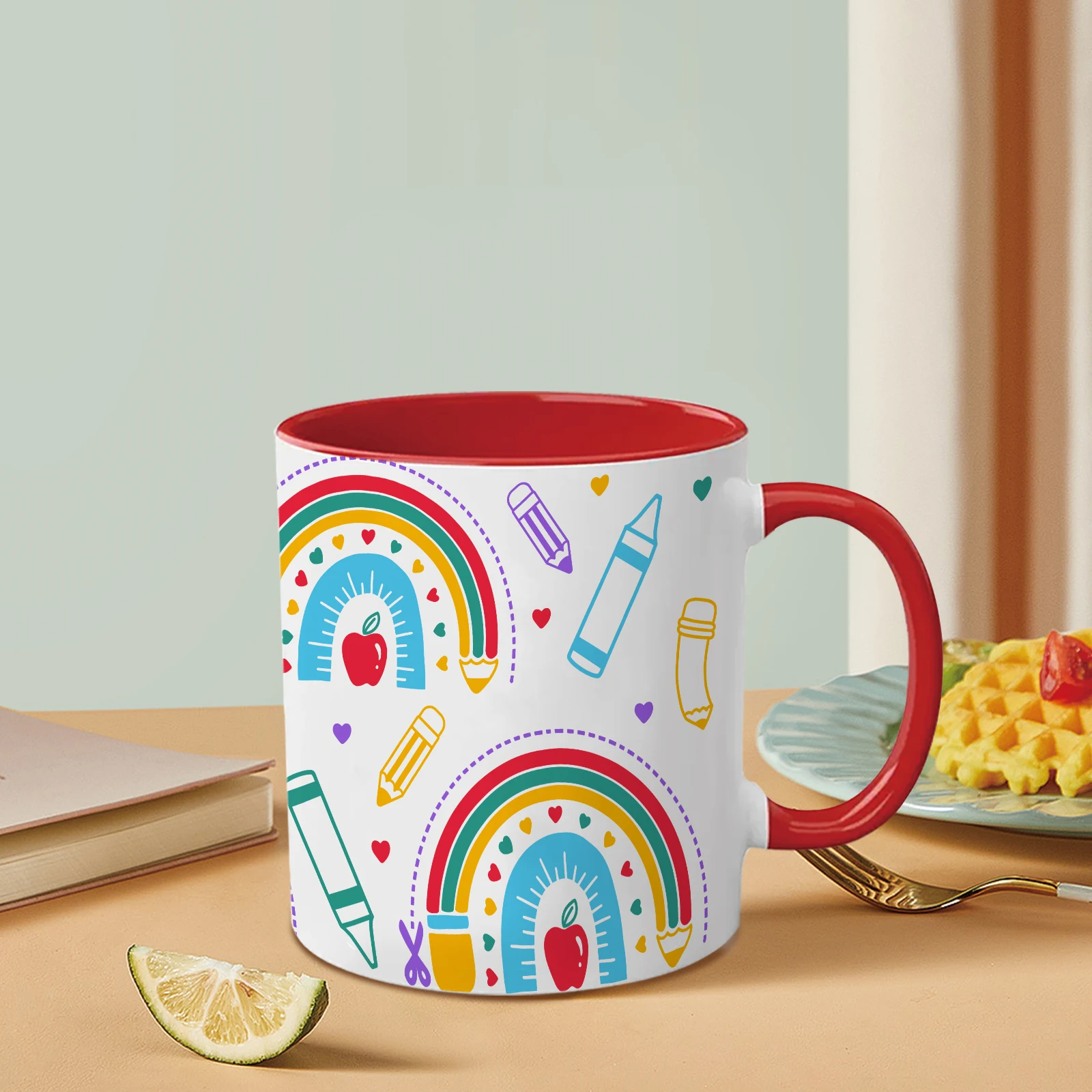 11oz Back to School Style Ceramic Coffee Tea Drink Mugs with Handle 3D Print Rainbow & Pencil Outdoor Holiday Travel Mugs Gift