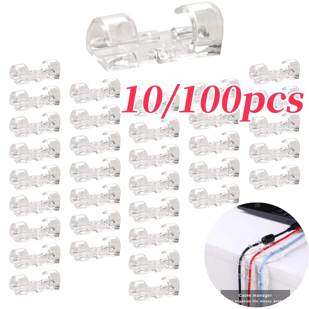 100/10pcs Cable Organizer Clips Transparent Self-Adhesive Wire Management For Home Desk Office Kitchen Wire Clamp Manager
