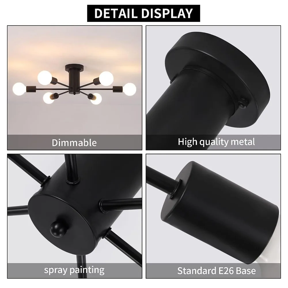 

Modern 6-Lights Chandelier Black Bulbs Not Included Semi Flush Mount Ceiling Light E27 Close to Ceiling Light Kitchen