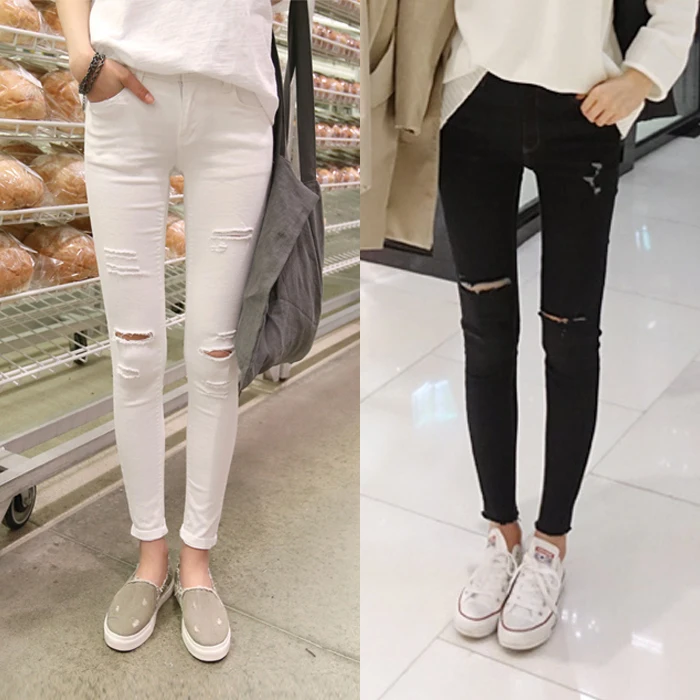 

Sexy Elastic Korean Sle Distred Skinny Jeans Women's Nine-Piece Tight High Waist Slimming Ankle-Length Pencil Pants