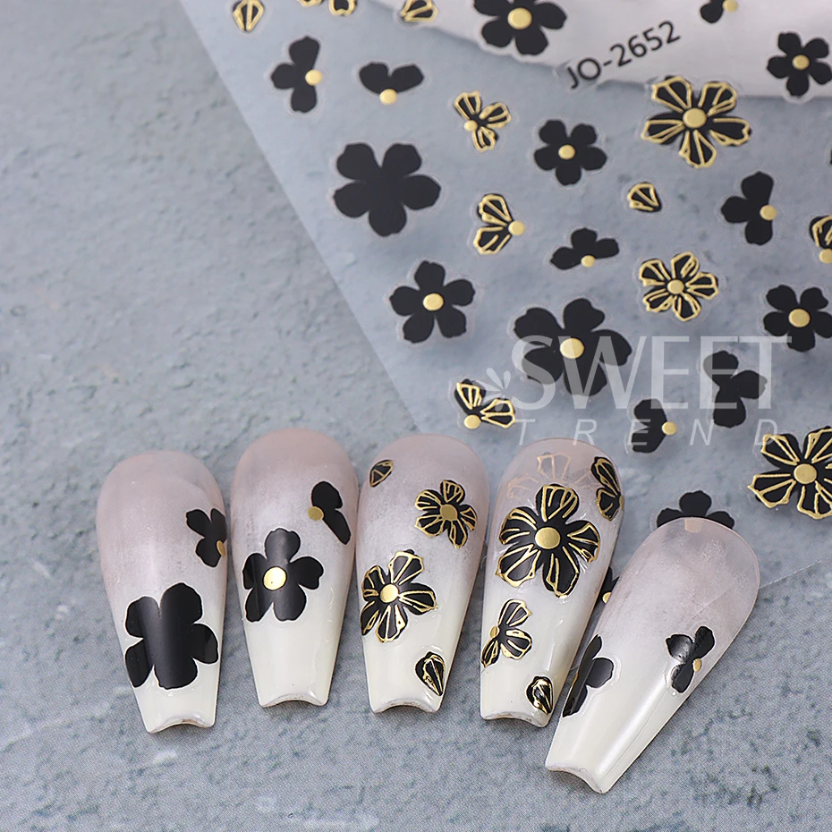 3D Black French Flower Nail Stickers Simple Gold Silver Petal Nail Decals Sliders For Autumn Nail Supplies Manicure Decoration