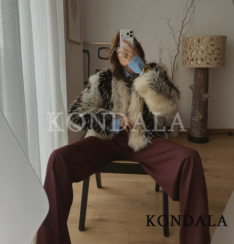 KONDALA معطف فرو نسائي عالي الشارع سترة عصرية متباينة برقبة دائرية سترة من الفرو الصناعي معطف موضة خريف وشتاء 2025 معطف نسائي ريترو #6