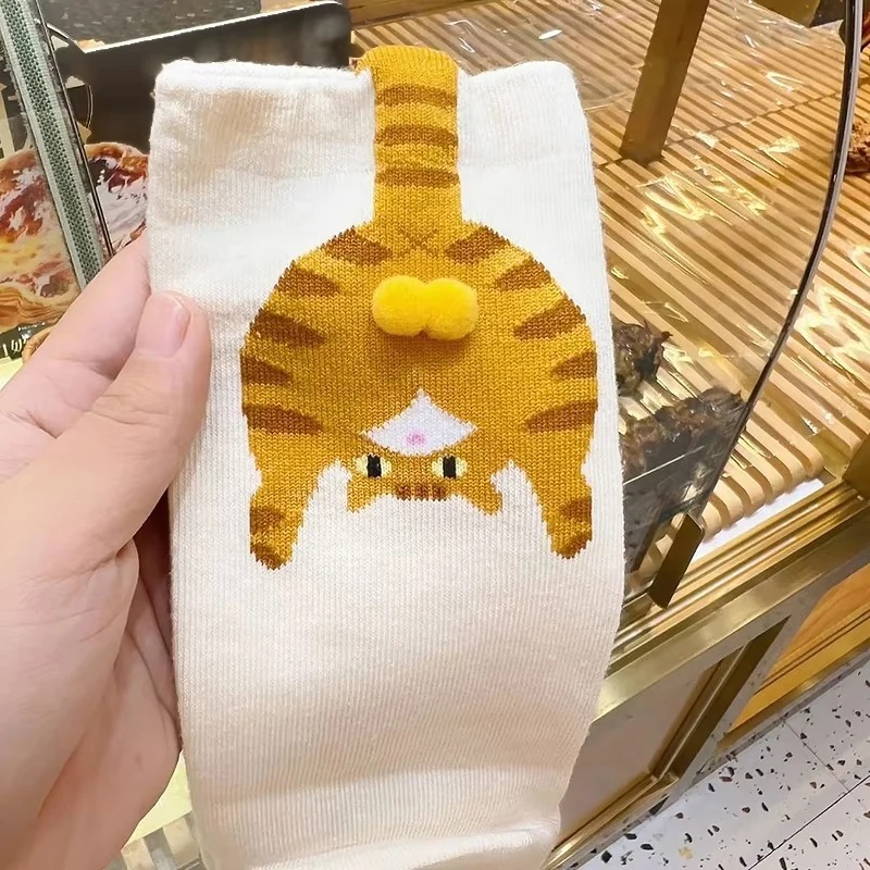 1 Pair Cartoon Cat Pattern Socks With 3d Cat Eggs For Women Breathable Soft Middle Tube Socks Gifts For Cat Lovers 2025 New