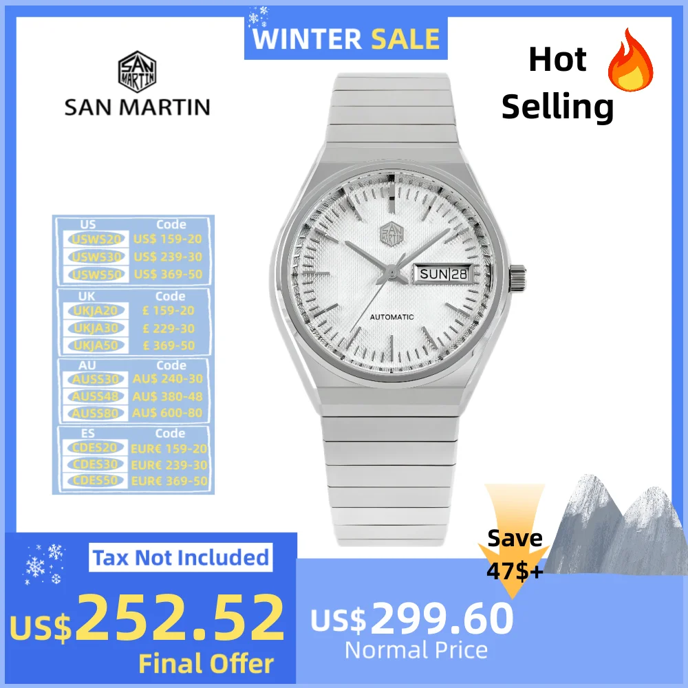 San Martin 37mm Automatic Watch For Men Waterproof Watches Mechanical Wristwatch Day Date Display ST2100 Luxury мужские SN0102