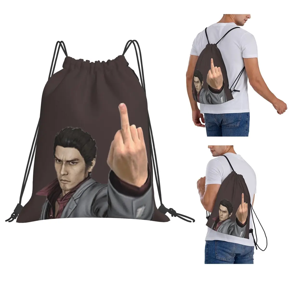Kazuma Kiryu Middle Finger Backpacks Fashion Drawstring Bundle Pocket Sports Bag Book Bags for Travel Students