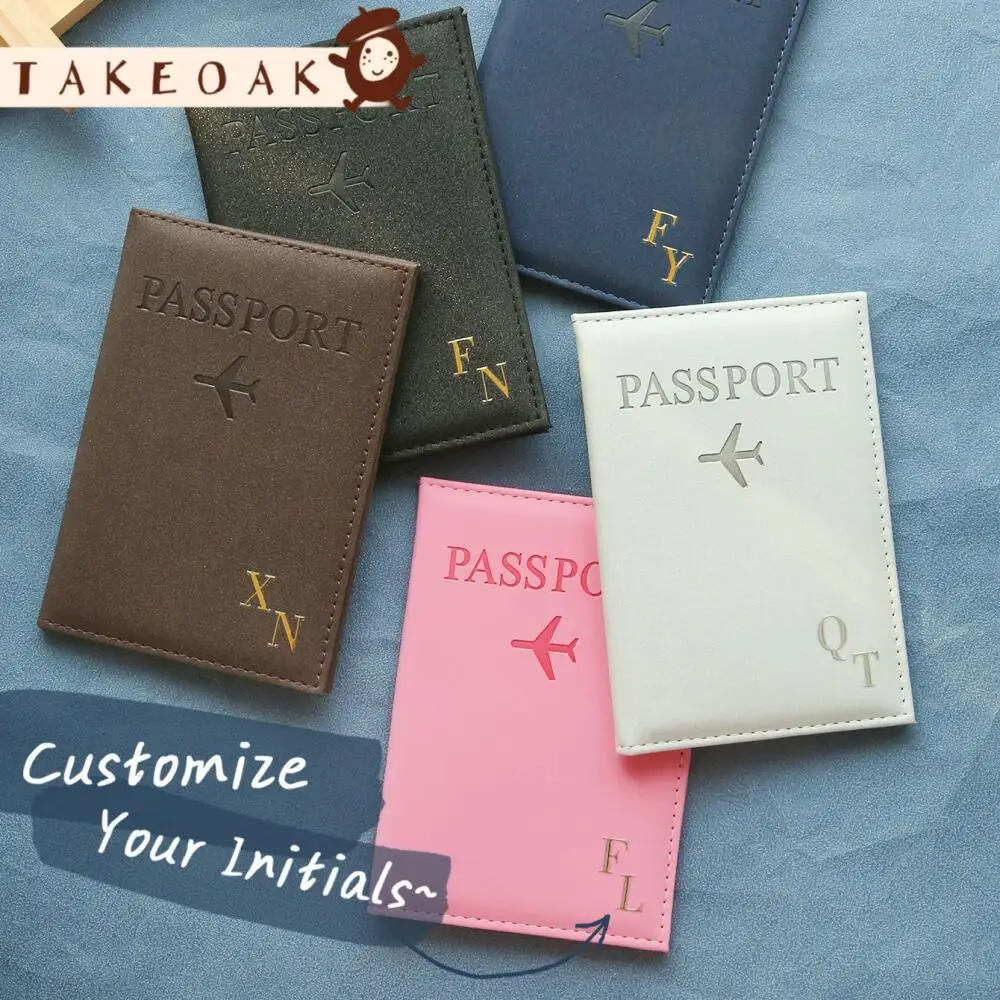 Personalized Custom Two Initials Hot Stamp Passport Cover Embossed Airplane Leather Travel Passport Holder Custom Gift