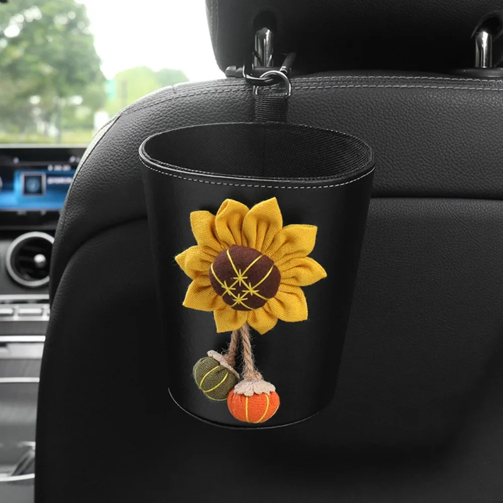 Cute Sunflower Car Seat Back Storage Bag Mini Organizer Car Garbage Bin Storage Device Hanging Car Waste Bins Car Accessories