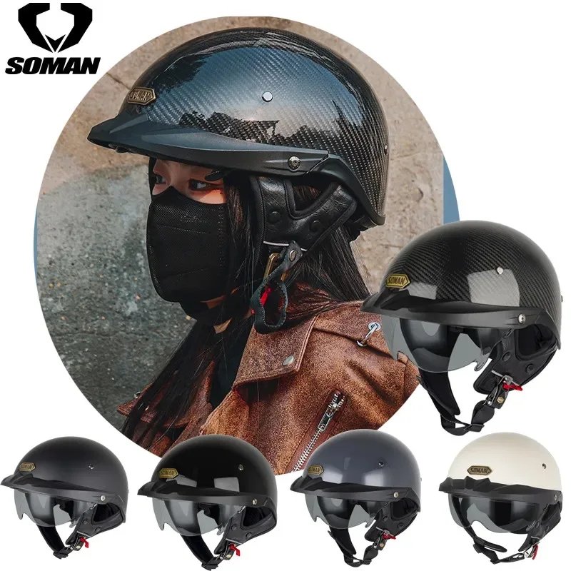 

SOMAN Retro Half Face Motorcycle Helmet Black Vintage Summer Motorbike Chopper Outside Riding Big Size Helmets DOT Approved