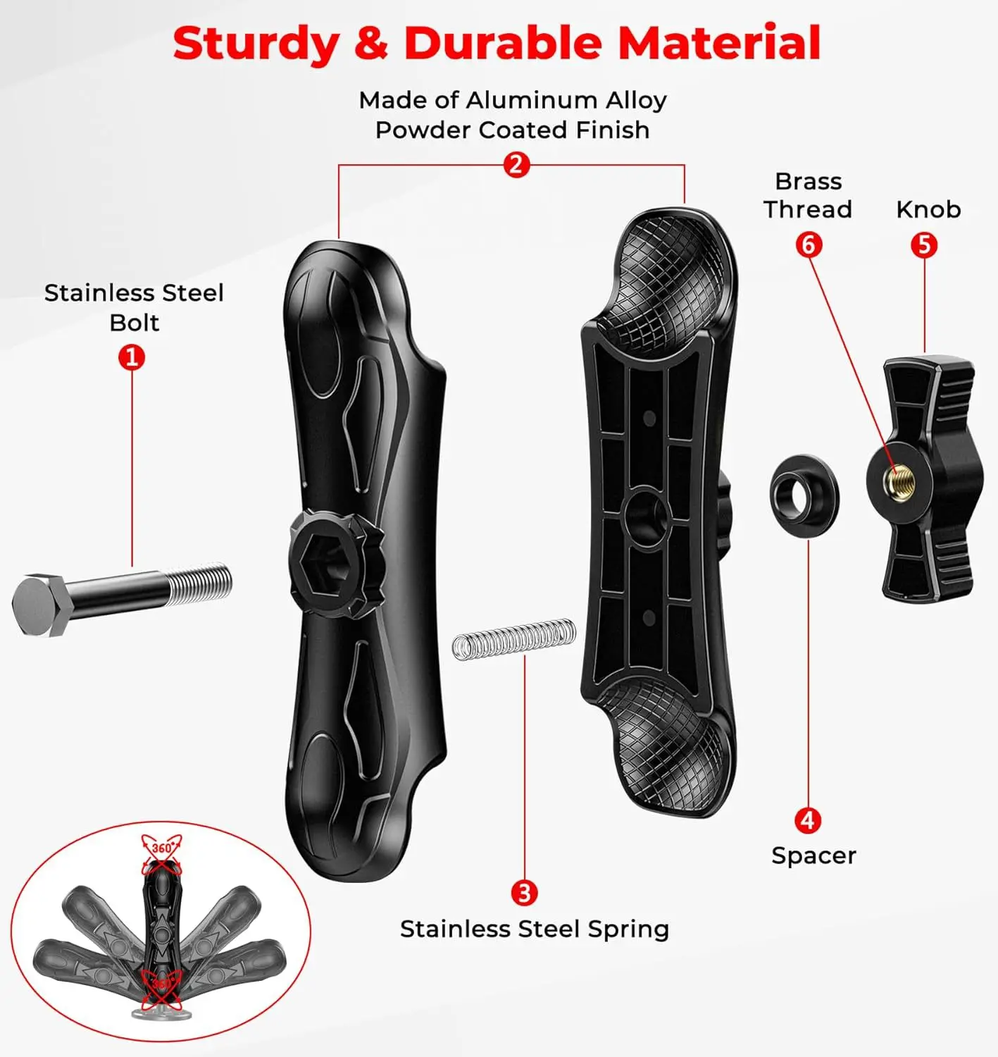 Braço de soquete duplo médio universal de alumínio compatível com componente de montagem Ram de 2,25 polegadas para localizador de peixes/trator/carretel elevatório