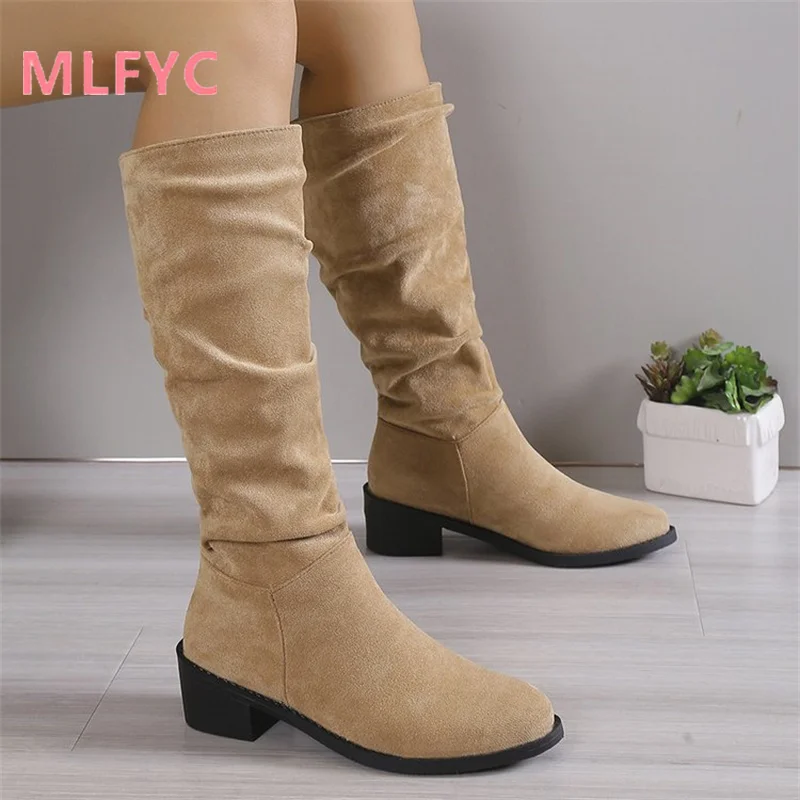 

Female Knight Boots Women Vintage Suede Thick Heel Round Head High Barrel Boots khaki Pleated Stacked European American Boots