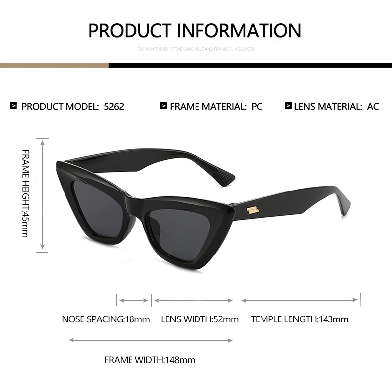 Neue Damen-Sonnenbrille mit Katzenohrenrahmen, prahlen Sie einen Vintage- und eleganten Stil. Die Katzenohr-Silhouette hilft, die Gesichtskonturen zu flachen 5262 – Detail 6