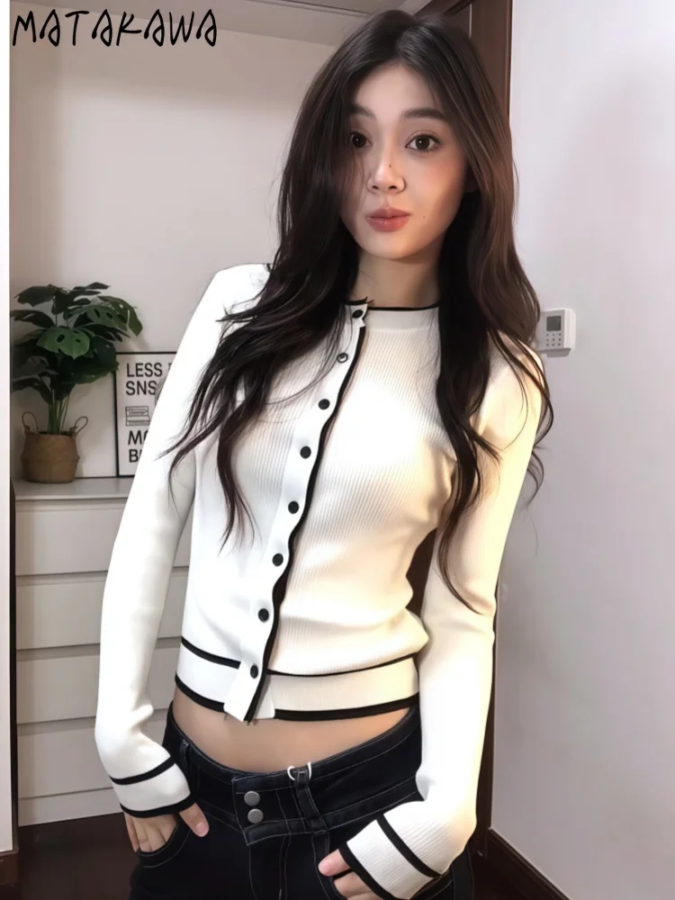 

Matakawa Short Cardigans Solid Contrast Color Korean Fashion Autumn Winter Woman Sweaters Vintage Slim O Neck Sueter Mujer