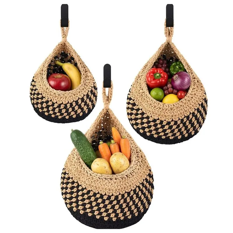 

ABBN-Boho Decor Hanging Wall Baskets Set For Kitchen 3 Pcs Teardrop Baskets With Hooks Storage Fruit Onion Vegetable Potato