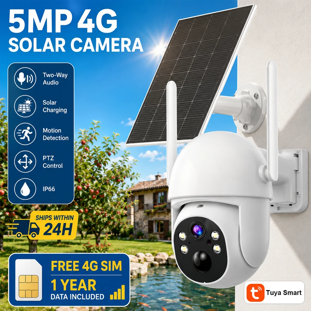 5MP 4G LTE Solar PTZ Security Camera Tuya Smart Free 4G SIM Card with 1‑Year Dat IP66 Waterproof Outdoor Surveillance Cam
