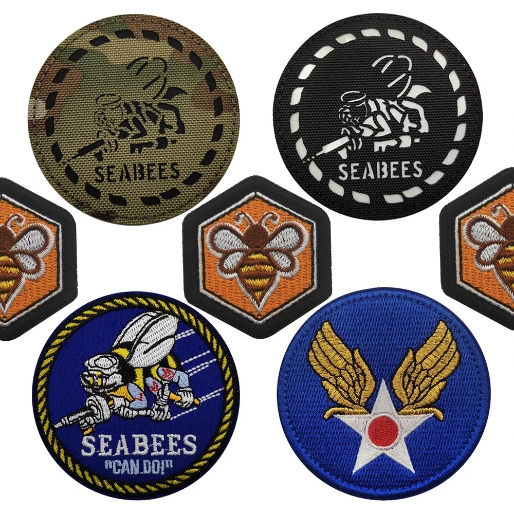 Seabees Squad Reflective Embroidery Hook Patches Bee Emblem US Land Aviation Tactical Accessories Morale Badge Backpack Sticker