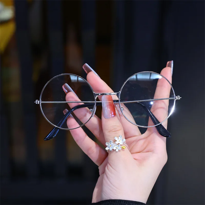 نظارات دائرية شفافة للنساء بإطار معدني، نظارات عين بمرآة مسطحة للفتيات، نظارات مضادة للضوء الأزرق، نظارات عصرية