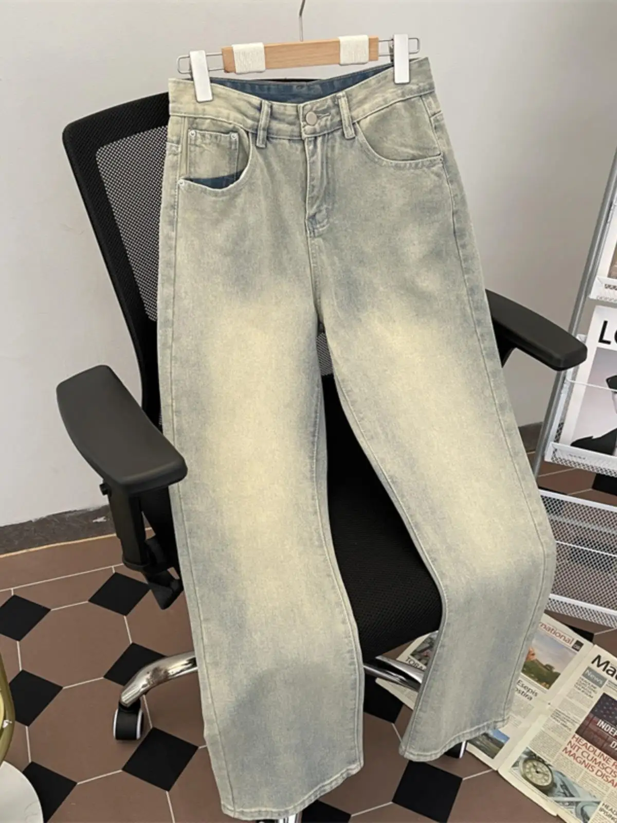 

Washed Mud Color Jeans Casual Men's Straight Leg Loose Wide Leg Pants Spring Autumn American Trendy Brand Versatile Loose Fit