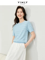 Vimly Summer Blue Knit Tops for Women 2024 Casual Fashion Round Neck Pullovers Short Sleeve Hollow Out Knitted T-shirt 72986