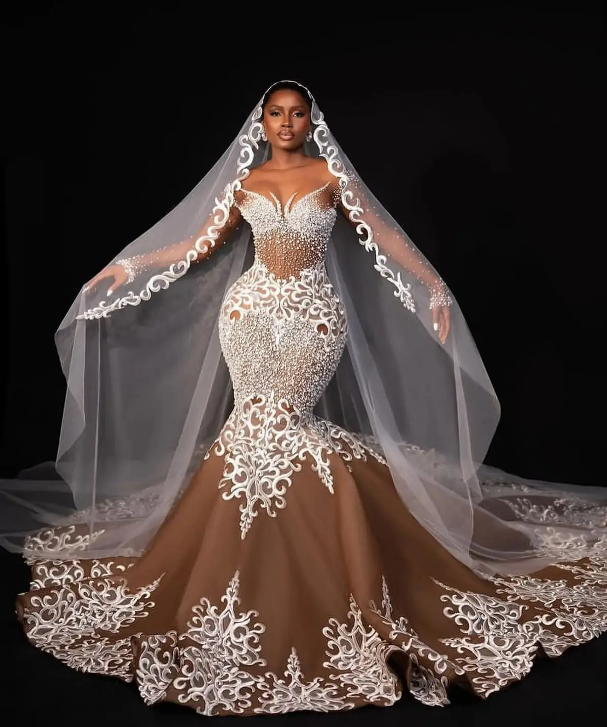 Plus Size Champagne Mermaid Wedding Dresses Lace Applique African Bridal Dress with Veil Pearls Aso Ebi Bride Dress Wedding Gown